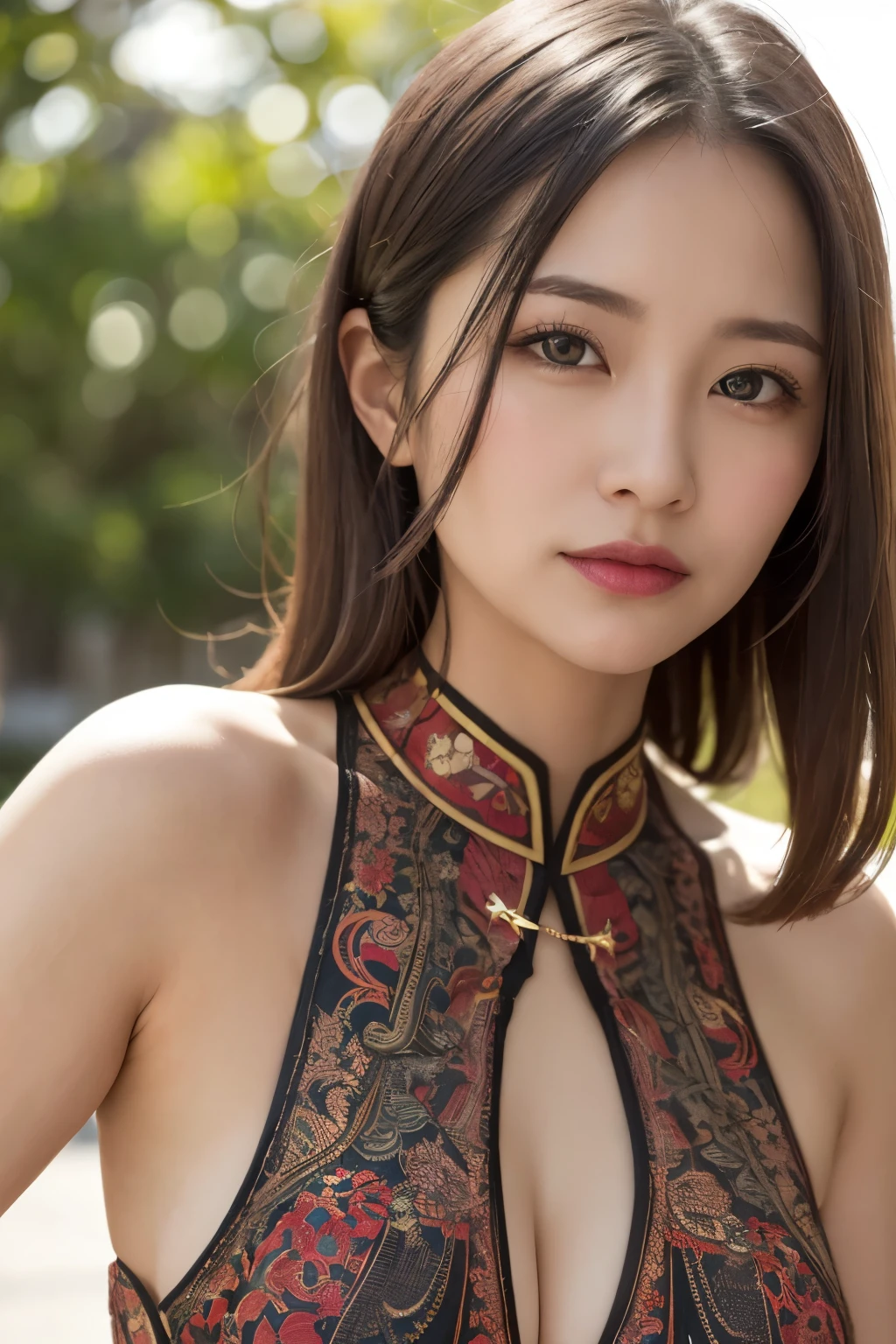 One girl, Mature Woman, photograph, Realistic, Highest quality, Detailed face, Detailed Background, Diffused sunlight, Depth of written boundary, Bokeh, China dress, sexy, Tribal pattern