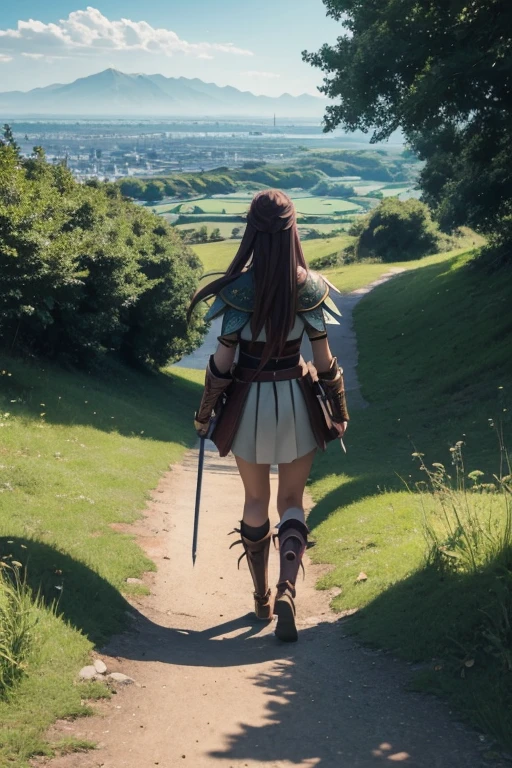 Draw an anime character. Beast Girl, warrior walks along the path. There is a green meadow along the path. The city is visible in the distance.