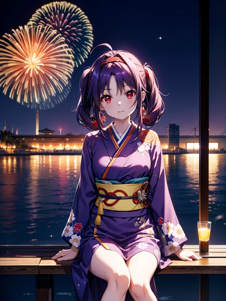 yuukikonno, Yuuki Konno, hair band, Long Hair, Pointed Ears, Purple Hair, Ahoge,(Red eyes:1.5), (Small breasts:1.2),low twin tail,smile,blush,Open your mouth,Purple Kimono,Purple long skirt,Fireworks in the night sky,Fireworks,The place is a fireworks display,Time is night,sunny day,Sitting on a bench,Wind Chimes,whole bodyがイラストに入るよう,
break looking at viewer, , whole body, (Cowboy Shot:1. 5)
break indoors, Veranda,Japanese garden,
break (masterpiece:1.2), Highest quality, High resolution, unity 8k wallpaper, (figure:0.8), (Beautiful attention to detail:1.6), Highly detailed face, Perfect lighting, Highly detailed CG, (Perfect hands, Perfect Anatomy),