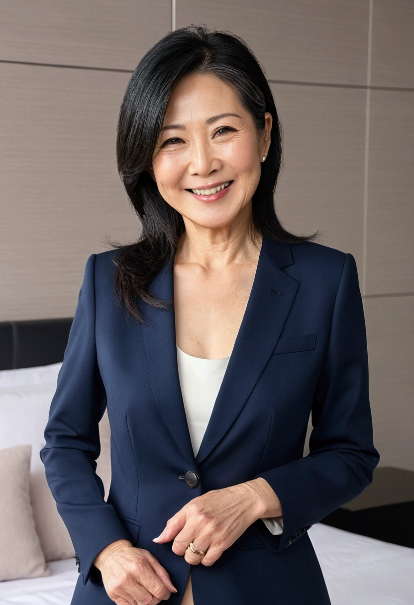 Photo quality, high quality, 4K, Japanese, Middle-aged women, 56 years old, No underwear, Naked from the waist up, A shiny, dark blue women's business suit collarless jacket worn next to bare skin, smile, Black Hair, Straight hair to the waist, smile,