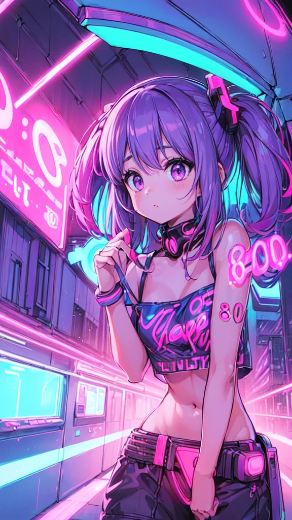 (80's city pop:1.5), (vivit neon purple pink:1.5), 1girl, detailed neon city background, ultra-detailed, illustration, (cyber neon punk), vaperwave, fish eye lens, sense of depth, cute pop neon cyber wear,