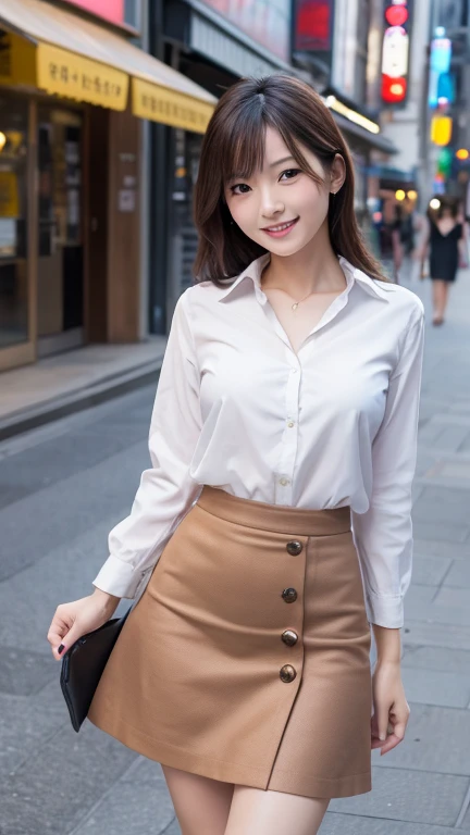 Highest Resolution, 4K, masterpiece: 1.3), Japanese Mature, A photo of a woman, sexy: 1.1, Beautiful Eyes, Slim figure, Realistic teeth, double eyelid, whole body, Highest quality, detailed, Beautiful feet, In the city, mini skirt