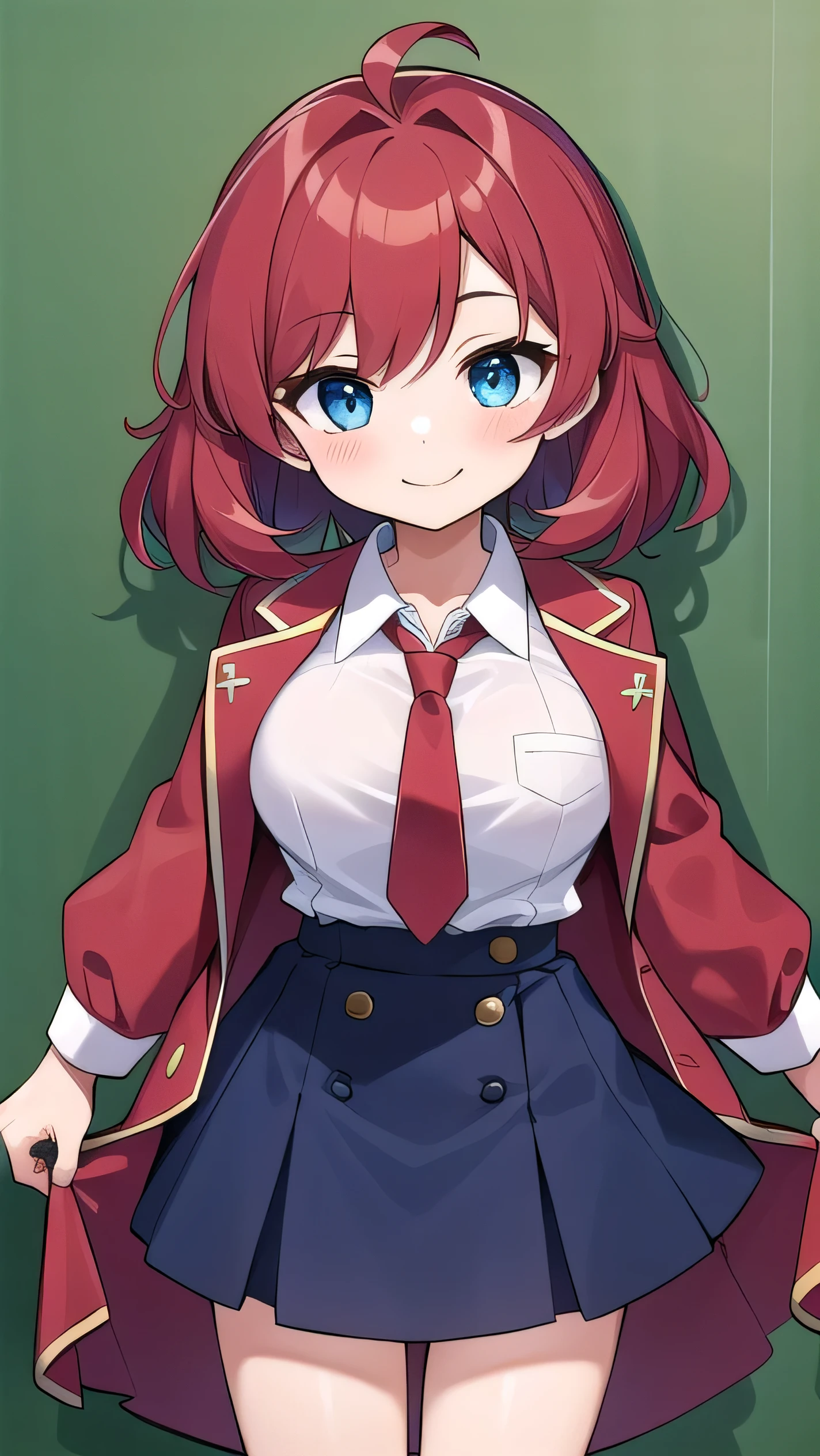 Big breasts, red hair, blue eyes, droopy eyes, red jacket, long sleeves, navy skirt, elementary school student, (super big breasts:1.1), (medium hair: 1.2), baggy clothes, elementary school student, young face, short height, , old, shy A shy guy, smiling a little, trying to open the buttons of his shirt, white shirt, red tie,(straight hair:1.2) , gentle smile, a little smile