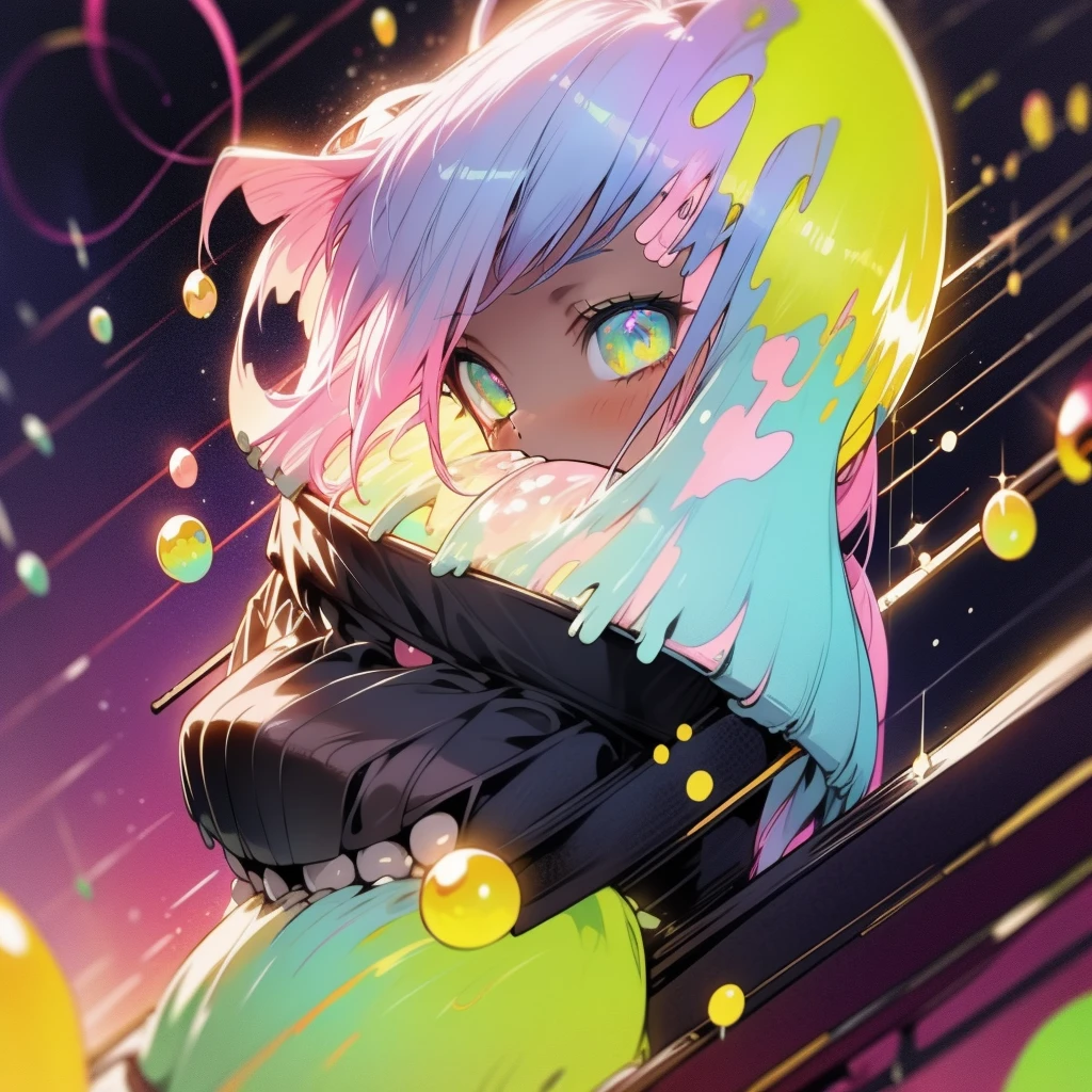 a girl, color blast, bubbles, sparkling orbs, pops, aurora, midnight, sky, gothic