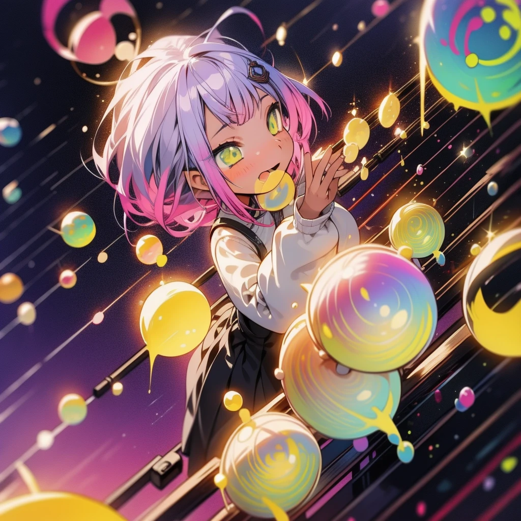 a girl, color blast, bubbles, sparkling orbs, pops, aurora, midnight, sky, gothic