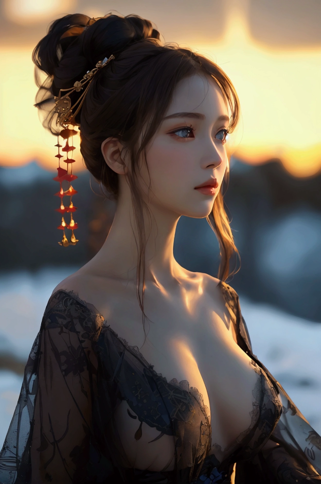 best quality, Masterpiece, Ultra high resolution, (realism: 1.4), original photo, 1 girl, movie light, at sunset, in the dark, deep shadow, Create high resolution photos, Beautiful young woman wearing a sexy Japanese princess costume., The see-through fabric is so thin that the wearer'Cracks and skin can be seen.., She spread her legs slightly wide to show off her legs.., She has a slim, beautiful, and delicate face.., sharp eyes, long hair, responsive face, high nose, and thin lips, Her breasts are 32 inches long with pink nipples.., Her waist is 24 inches.., Her hips are 33 inches.., Her skin was white and radiant.., She has light brown hair.., And her figure was slim and slightly muscular..