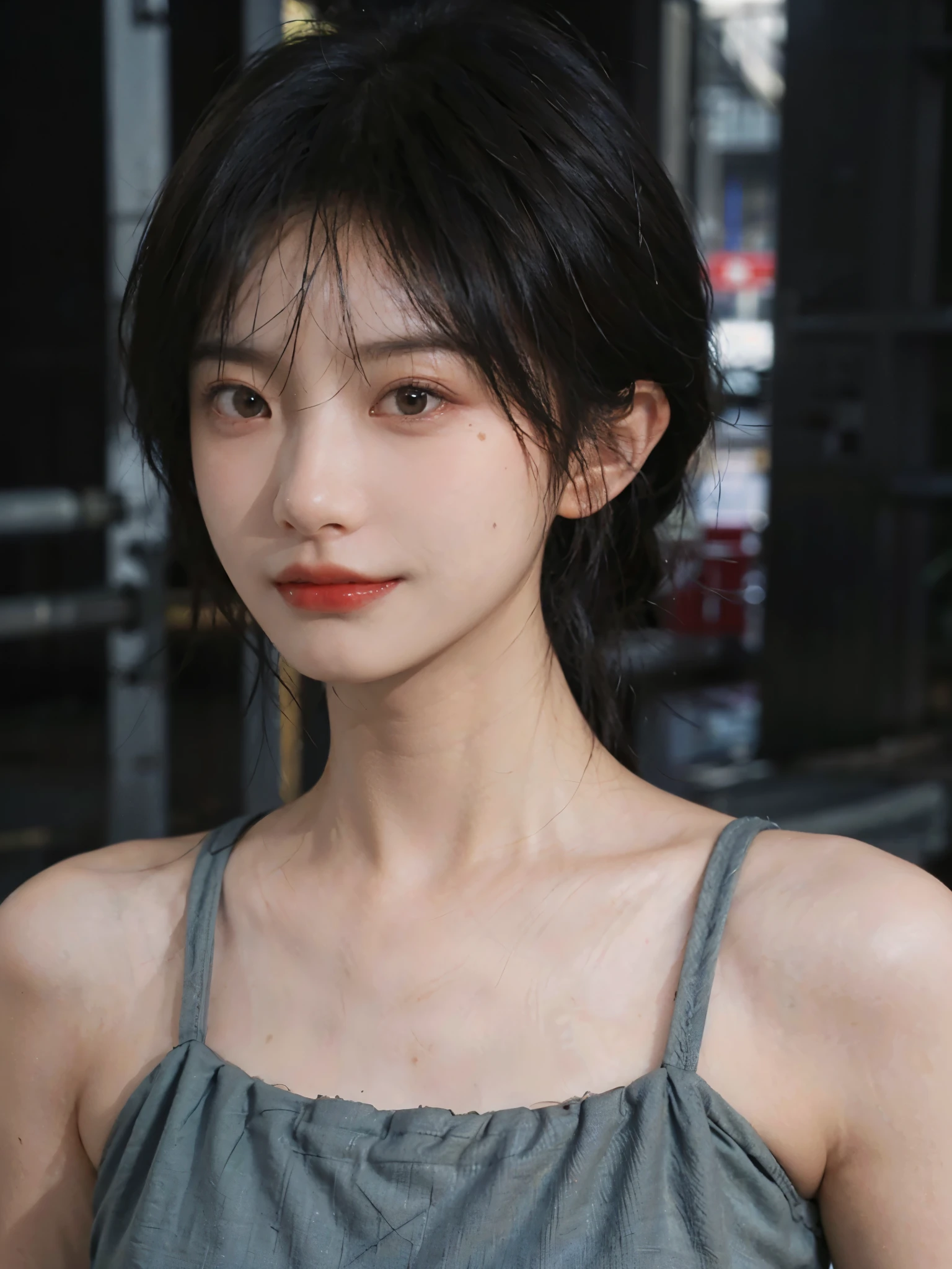 (Skin details:1.4), (smooth skin textures:1.3), (Upper body:1.4),(Upper Body:1.3)Lipstick, background, earrings, serene, calm, (Realistic and detailed eyes:1.2), Natural skin texture, Realistic facial details, Soft dramatic lighting, Vivid details, 35 mm film, outdoor, (Photo Practical:1.4), (hyper Practical:1.4), (Practical:1.3), (Smoother lighting:1.05), (Improve lighting quality:0.9), (Highest quality real skin textures:1.4), Exquisite eyes, Delicate face, Close-up of face, (Enhance the beauty of skin texture:1.1), Hair details,(Large Breasts:1.3)normal body ratio, short hair, Moles under the eyes, A faint smile,Portrait Photography, Depth of Field, Bokeh, Surrealism, Ray Tracing, (Portrait Photography:1.1), Surrealism, High Detail, Chiaroscuro, Ray Tracing, reflected light, Ultra HD, Ultra HD, masterpiece, Textured Skin, Super Detail, High Detail, high quality, best quality