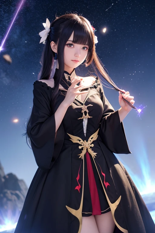 (masterpiece),4k, (ultra realistic), (best quality), 1girl, a beautiful japanese slim girl standing, beautiful face, night, stars, (long ponytail), (far view), black stocking, full body, stars,many fireflies around , mountain