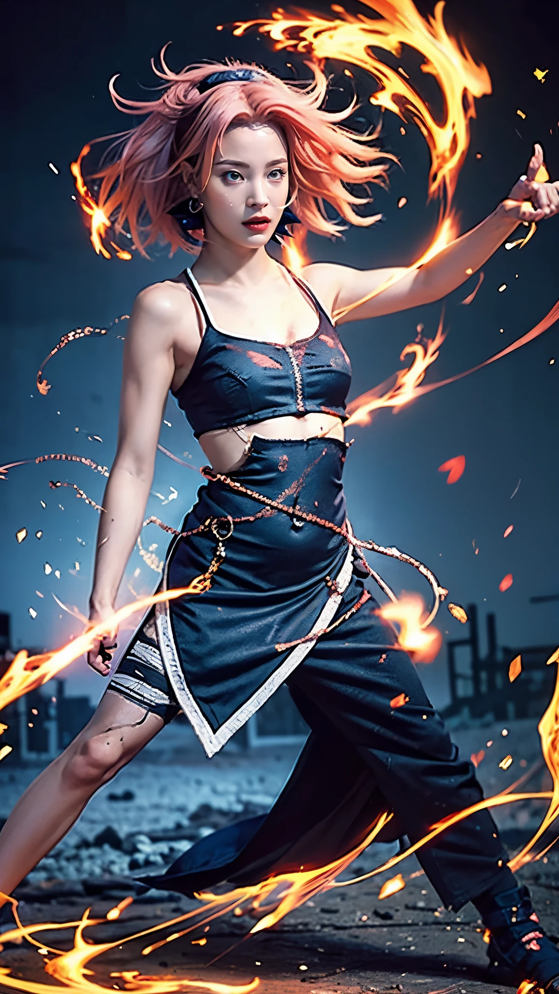 Moisturized skin,Realistic body,(Adult female body),Energetic,(),(Girl),,Crop top,,Collarbone,Earrings,
BREAK,
Bright red lipstick,(Beautiful navel),(Pink hair),Beautiful hair,Short hair,
BREAK,
((Masterpiece+Top quality+High resolution+Very detailed)), (Full body:1.2),Symmetrical,One shot,
BREAK,
(Wind blowing),(Covered in blue electricity),(Battle stance:1.4),
BREAK,
Assassination,,Fantastic,Dynamism,Very tight leggings,((In the middle of a war, Battle stance),((Fires everywhere, Bloody, Death is everywhere, Corpses, Corpses, Burned down Japanese castle,Hellish,Chaos),
