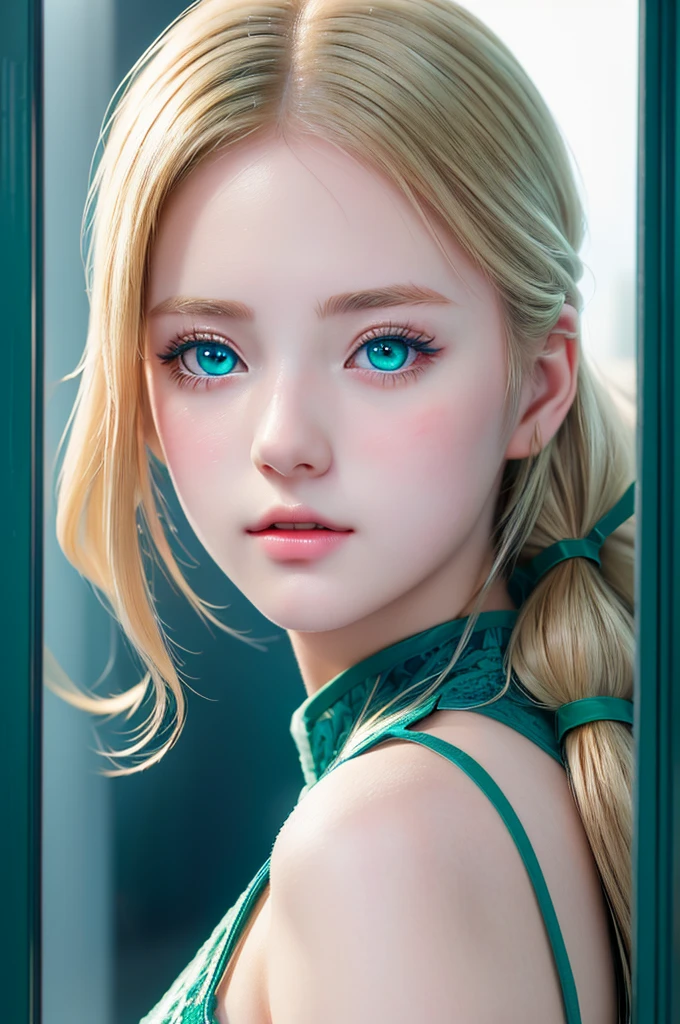 anime girl with blue eyes looking through broken glass window, portrait of a girl, detailed portrait of a girl, RAW photo, beautiful portrait, smooth  cg art, wallpaper 8 k, blond hair, pony tail, (green eye:1.2), cute young girl, 