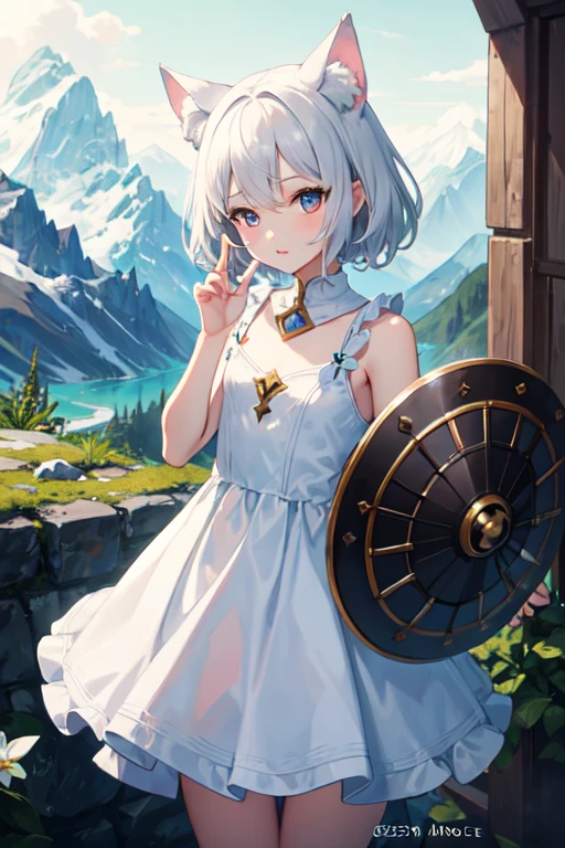 ((Highest quality)), ((masterpiece)), (detailed), One girl, cute　Five fingers　Small wolf ears　White Shorthair　Petite　Normal chest　No human ears　Big eyes　Her eyes are black　Droopy eyes　first round　White surcote　Holding a white circular shield　The background is a mountain road 