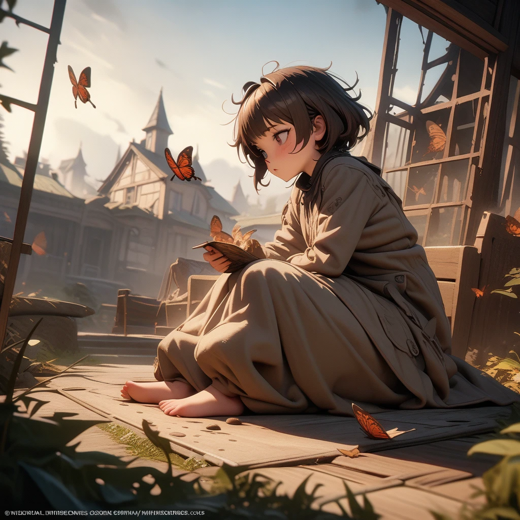 ((best quality)) , ((masterpiece)) , (detailed),Unreal Engine, Muybridge Sequence, a tall Artisanal Cookie Lyon Gunner, Cookie Lyon is Young and Fae, blushing, surreal, Butterfly sitting, Eyeliner, Fall, Cozy