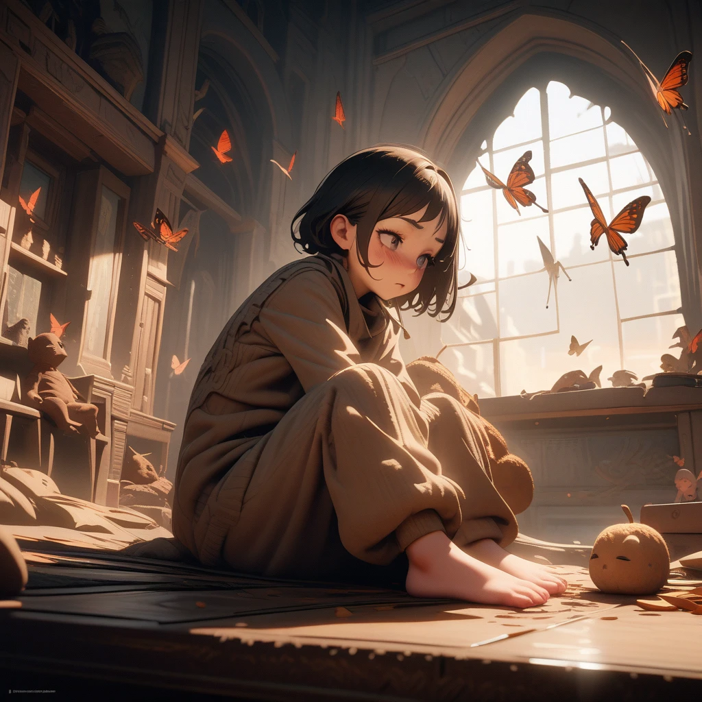 ((best quality)) , ((masterpiece)) , (detailed),Unreal Engine, Muybridge Sequence, a tall Artisanal Cookie Lyon Gunner, Cookie Lyon is Young and Fae, blushing, surreal, Butterfly sitting, Eyeliner, Fall, Cozy