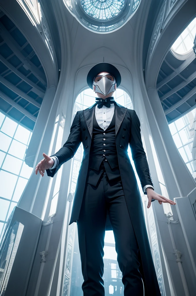 A gigantic futuristic building in the sky in the shape of a diamond, similar to a stage, in the center of this stage a man in Victorian era clothing with his face covered by a fencing mask.