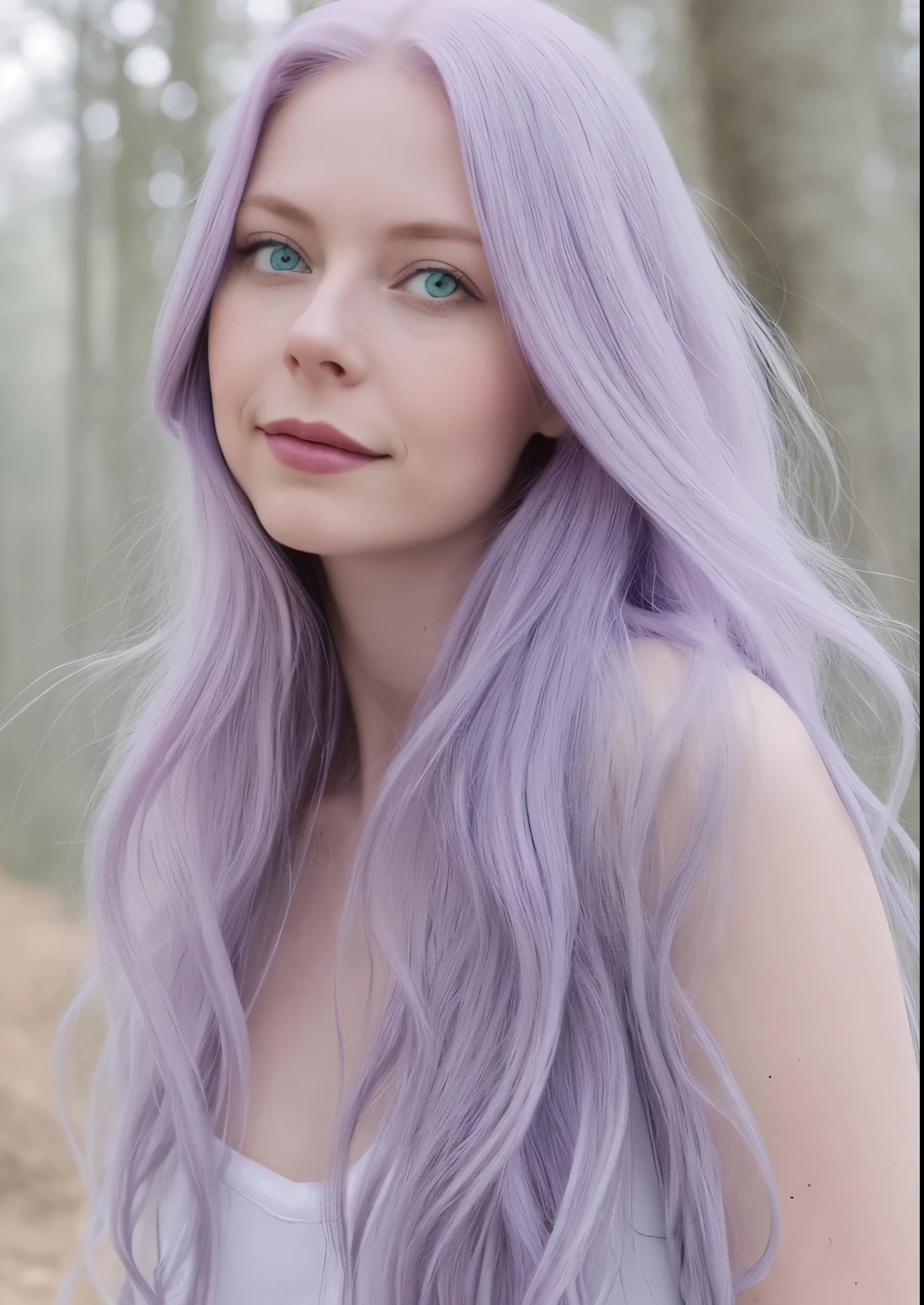 Create a profile picture of a modern, attractive, and sexy female model with long light lilac hair and ice-blue eyes. The model should have a natural and friendly vibe, wearing sustainable, eco-friendly clothing. The background should be a beautiful natural landscape, such as a forest or a picturesque hiking trail, reflecting her love for sustainability and the environment. The model should be smiling confidently, with a stylish yet elegant look that aligns with her interest in sustainable fashion and rural living. Use harmonious and natural colors, focusing on green and earth tones to complement her lilac hair.