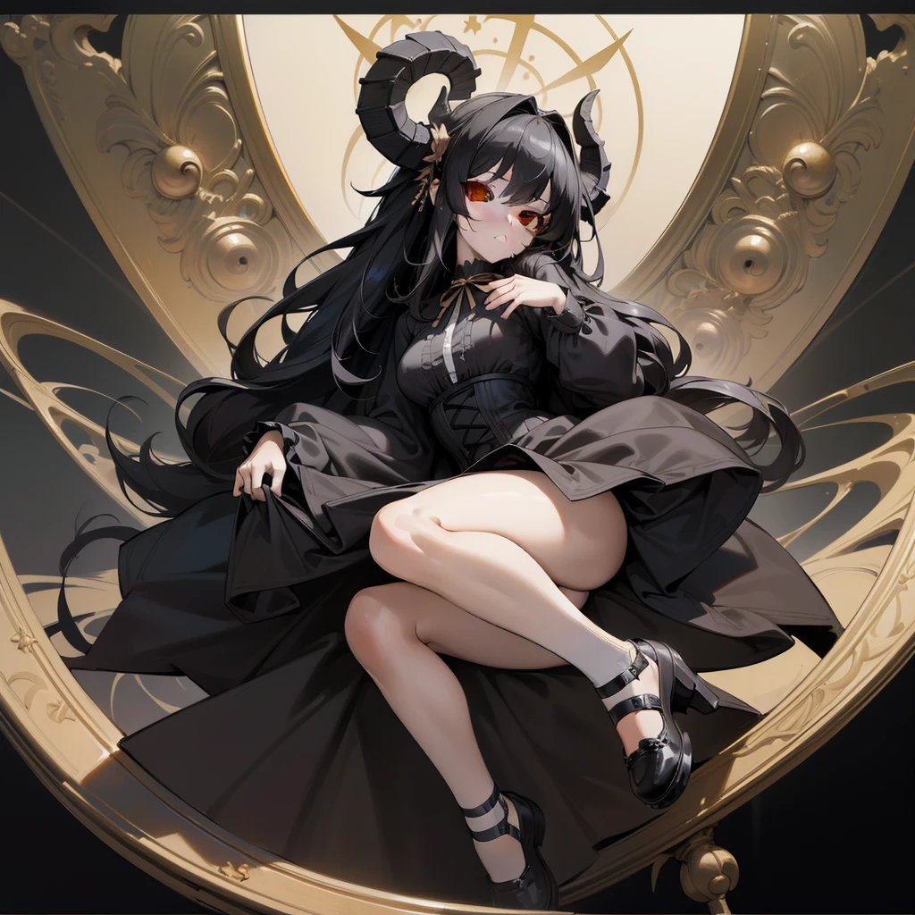 (Masterpiece, best quality), (perfect athlete body: 1.2), (detailed hair), ultra-detailed, anime style, full body of gothic girl in black gothic lolita dress, with big horns, long black hair, golden eyes, dressed in black, holding a stuffed animal, wearing raised shoes, digital painting, 8k high resolution, trending art station, white background, whole body,