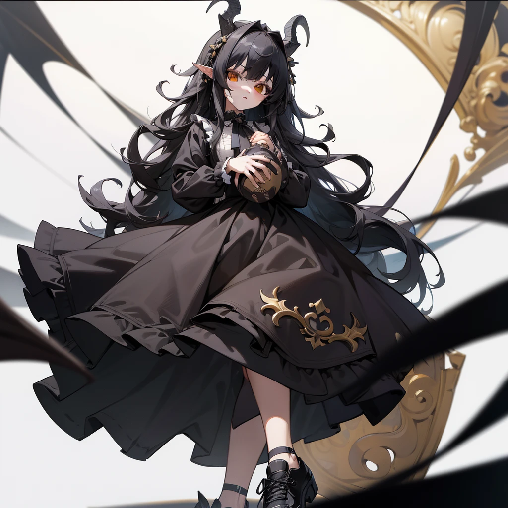 (Masterpiece, best quality), (perfect athlete body: 1.2), (detailed hair), ultra-detailed, anime style, full body of gothic girl in black gothic lolita dress, with big horns, long black hair, golden eyes, dressed in black, holding a stuffed animal, wearing raised shoes, digital painting, 8k high resolution, trending art station, white background, whole body,