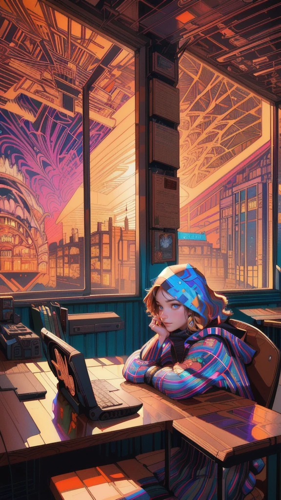 there are many girls people sitting at a table with a computer, ( ( ( ( ( dan mumford ) ) ) ) ), in the style dan mumford artwork, martin ansin, dan mumford tom bagshaw, el bosco and dan mumford, by Dan Mumford, josan gonzales and dan mumford, in the art style of dan mumford