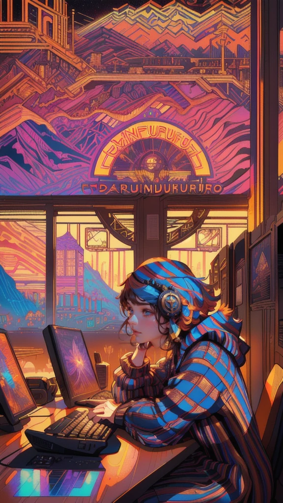 there are many girls people sitting at a table with a computer, ( ( ( ( ( dan mumford ) ) ) ) ), in the style dan mumford artwork, martin ansin, dan mumford tom bagshaw, el bosco and dan mumford, by Dan Mumford, josan gonzales and dan mumford, in the art style of dan mumford