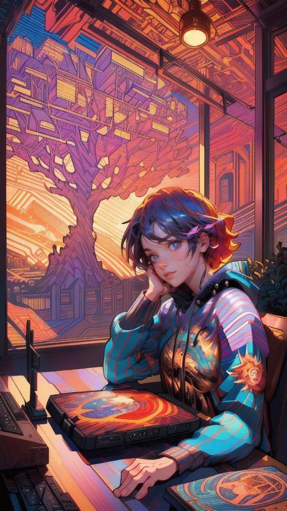 there are many girls people sitting at a table with a computer, ( ( ( ( ( dan mumford ) ) ) ) ), in the style dan mumford artwork, martin ansin, dan mumford tom bagshaw, el bosco and dan mumford, by Dan Mumford, josan gonzales and dan mumford, in the art style of dan mumford