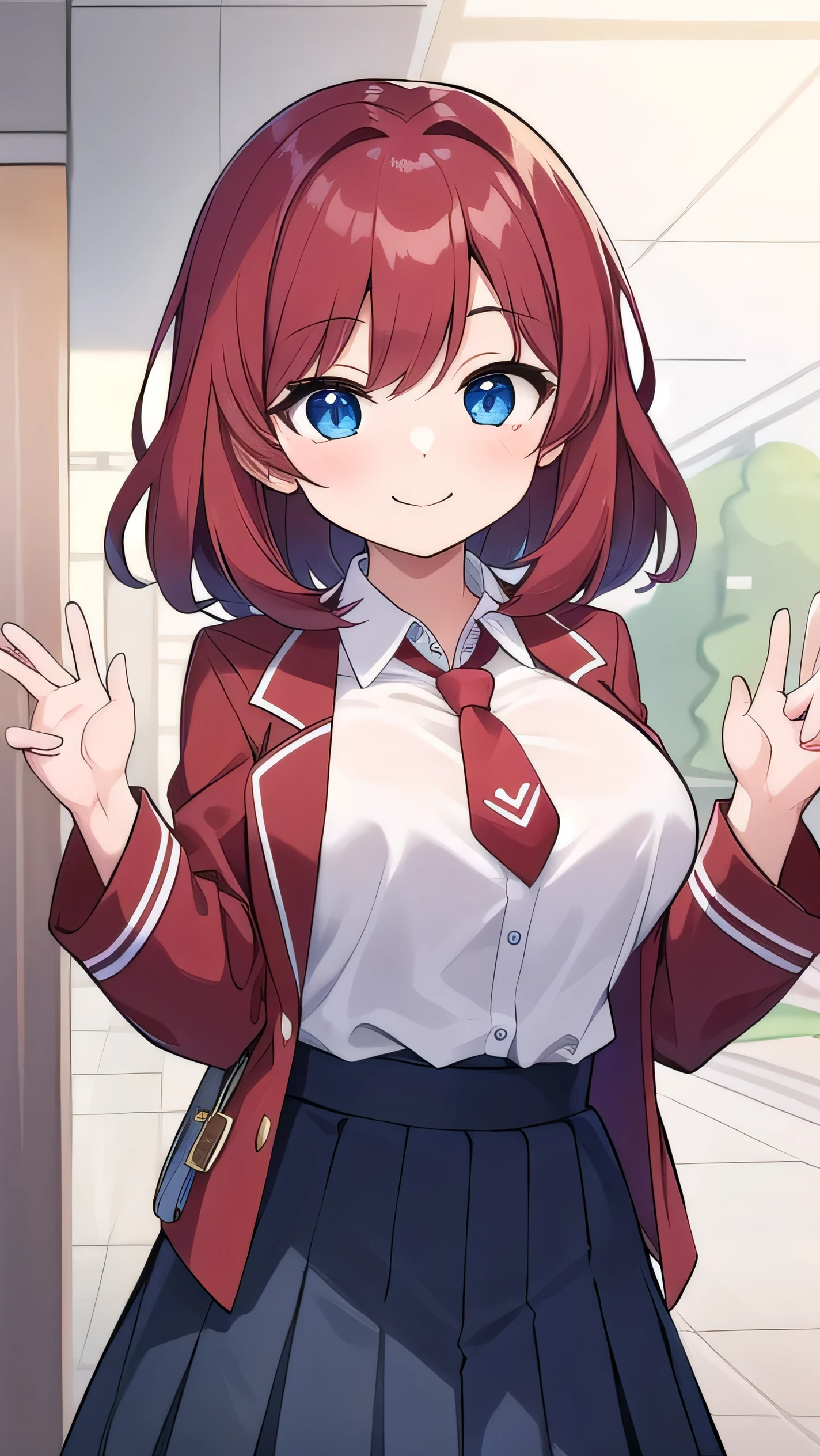 Big breasts, red hair, blue eyes, droopy eyes, red jacket, long sleeves, navy skirt, elementary school student, (super big breasts:1.1), (medium hair: 1.2), baggy clothes, elementary school student, young face, short height, 10 years old, old, shy A shy guy, smiling a little, trying to open the buttons of his shirt, white shirt, red tie,(straight hair:1.2) , gentle smile, a little smile