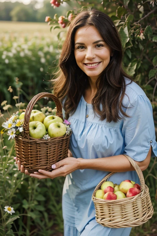 Woman 50+ looks straight and smiles. She holds wildflowers and a small basket of apples in her hands.