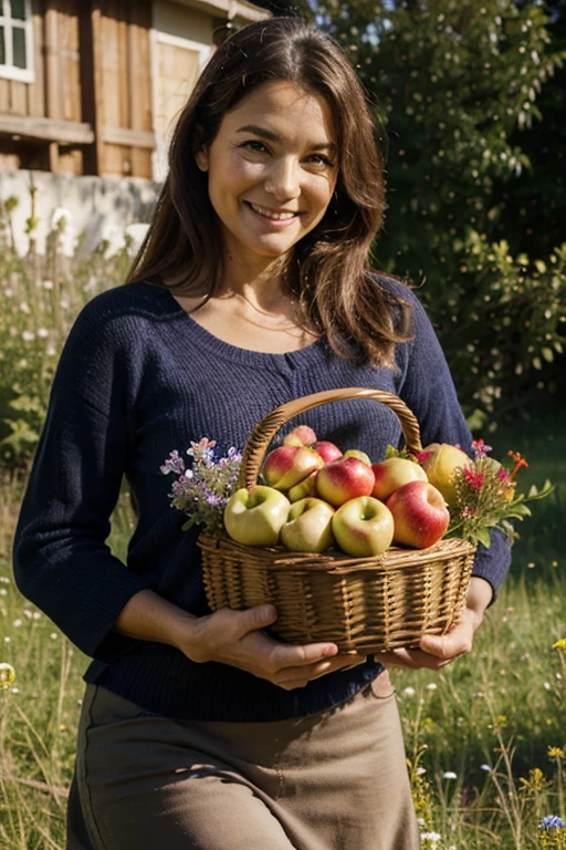 Woman 50+ looks straight and smiles. She holds wildflowers and a small basket of apples in her hands.
