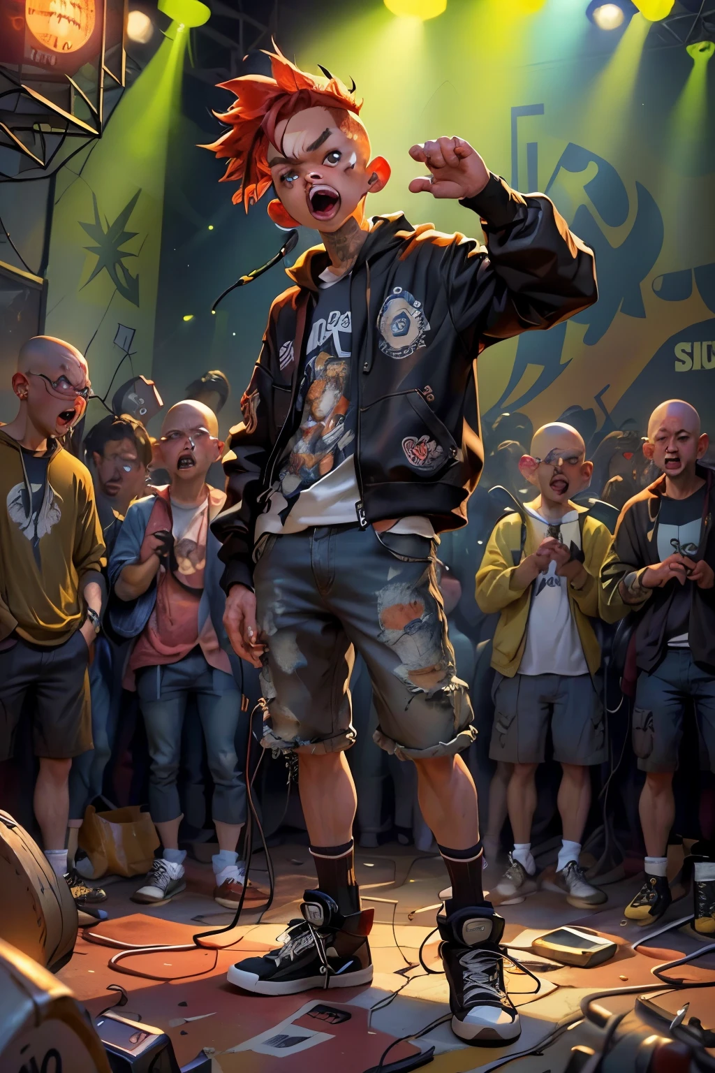 ((best quality)), ((masterpiece)), (detailed), ((best quality)), ((masterpiece)), (detailed), the skinhead group band singing, the exploited punk rock band(boys) holding a mic, full body, raise punch hand on the stage(posters)sound system,smoking, wearing black converse shoes, semi bald hair(red color), in the concert, cables on the floor, there's smokes, crowded people, many lightings