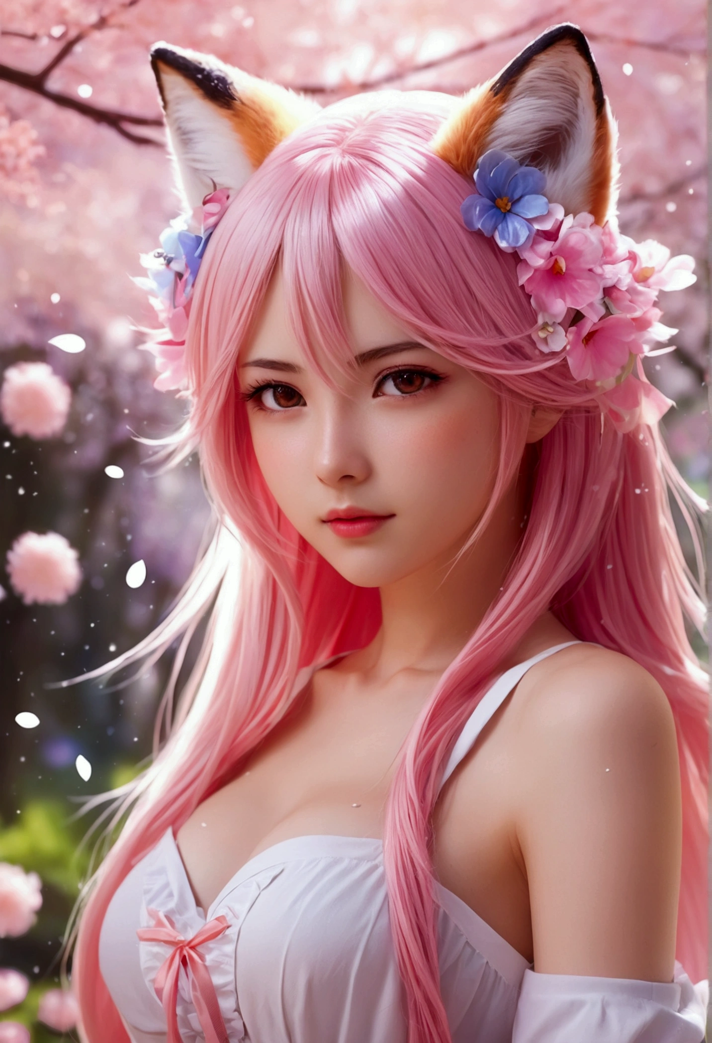 9 snow-white fox tails (1.0), Milky Fox Tail (1.0), Nine-Tailed Foxの狐のクローズアップ, Nine-Tailed Fox, Nine-Tailed Fox, With pink hair、Anime girl in a pink dress with flowers in her hair, very Beautiful anime fox girl, Beautiful anime fox girl, Beautiful fantasy anime, Gwaiz, Anime girl with fox ears, Beautiful Anime Girls, Very beautiful and cute fox girl, Pink flower rain, Background Blur, Anime Style 4k, Anime fantasy artwork, 4k anime wallpaper, Gubes-inspired artwork