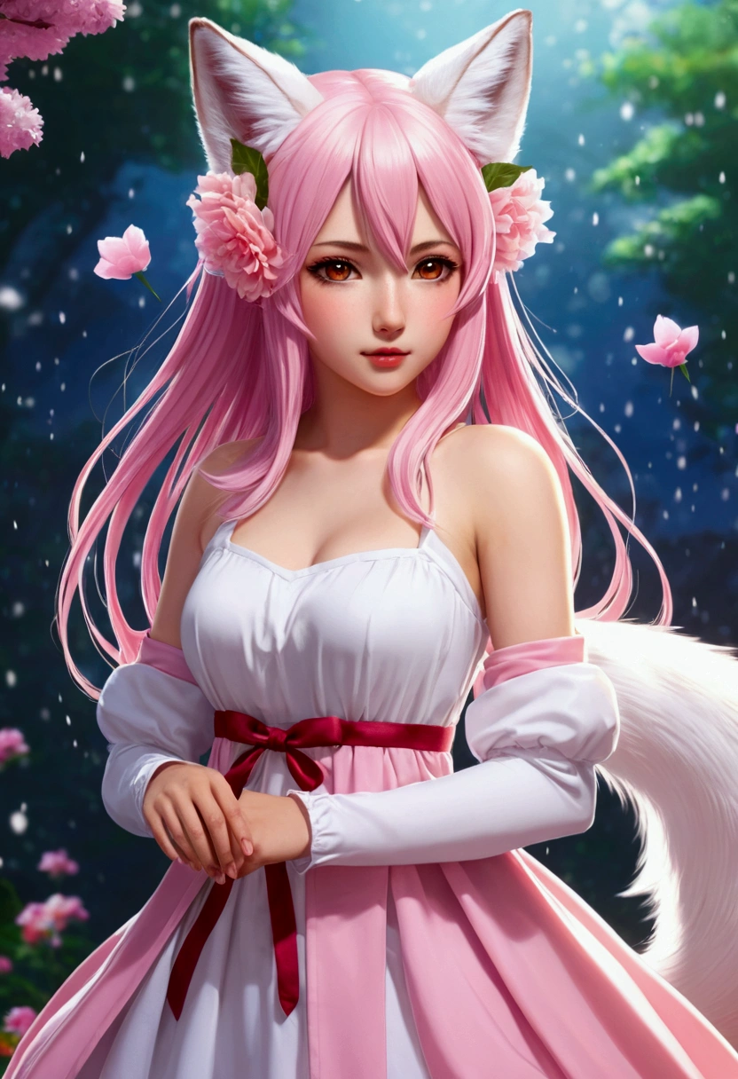 9 snow-white fox tails (1.0), Milky Fox Tail (1.0), Nine-Tailed Foxの狐のクローズアップ, Nine-Tailed Fox, Nine-Tailed Fox, With pink hair、Anime girl in a pink dress with flowers in her hair, very Beautiful anime fox girl, Beautiful anime fox girl, Beautiful fantasy anime, Gwaiz, Anime girl with fox ears, Beautiful Anime Girls, Very beautiful and cute fox girl, Pink flower rain, Background Blur, Anime Style 4k, Anime fantasy artwork, 4k anime wallpaper, Gubes-inspired artwork