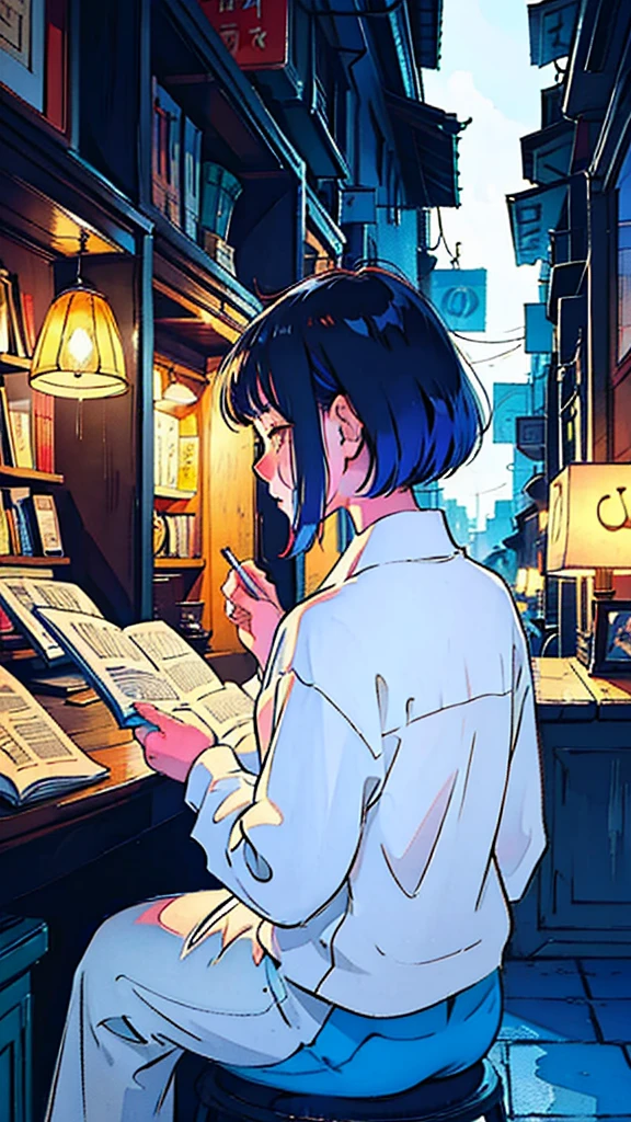 Back view of a girl sitting and reading a book、night、indirect lighting、Colorful Hair、Lo-Fi、LOFI、JAZZ