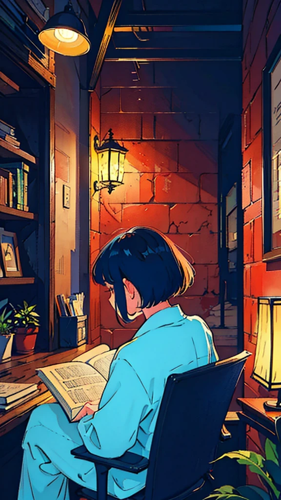 Back view of a girl sitting and reading a book、night、indirect lighting、Colorful Hair、Lo-Fi、LOFI、JAZZ