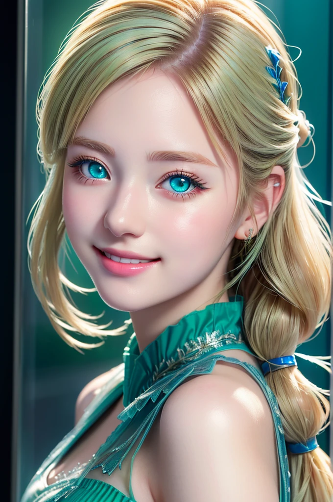 anime girl with blue eyes looking through broken glass window, portrait of a girl, (smile:1.2), detailed portrait of a girl, RAW photo, beautiful portrait, smooth  cg art, wallpaper 8 k, blond hair, pony tail, (green eye:1.2), cute young girl, 