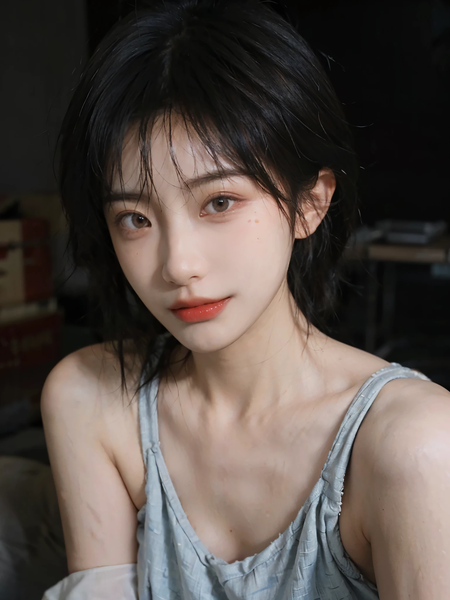 (Skin details:1.4), (smooth skin textures:1.3), (Upper body:1.4),(Upper Body:1.3)Lipstick, background, earrings, serene, calm, (Realistic and detailed eyes:1.2), Natural skin texture, Realistic facial details, Soft dramatic lighting, Vivid details, 35 mm film, outdoor, (Photo Practical:1.4), (hyper Practical:1.4), (Practical:1.3), (Smoother lighting:1.05), (Improve lighting quality:0.9), (Highest quality real skin textures:1.4), Exquisite eyes, Delicate face, Close-up of face, (Enhance the beauty of skin texture:1.1), Hair details,(Large Breasts:1.3)normal body ratio, short hair, Moles under the eyes, A faint smile,Portrait Photography, Depth of Field, Bokeh, Surrealism, Ray Tracing, (Portrait Photography:1.1), Surrealism, High Detail, Chiaroscuro, Ray Tracing, reflected light, Ultra HD, Ultra HD, masterpiece, Textured Skin, Super Detail, High Detail, high quality, best quality