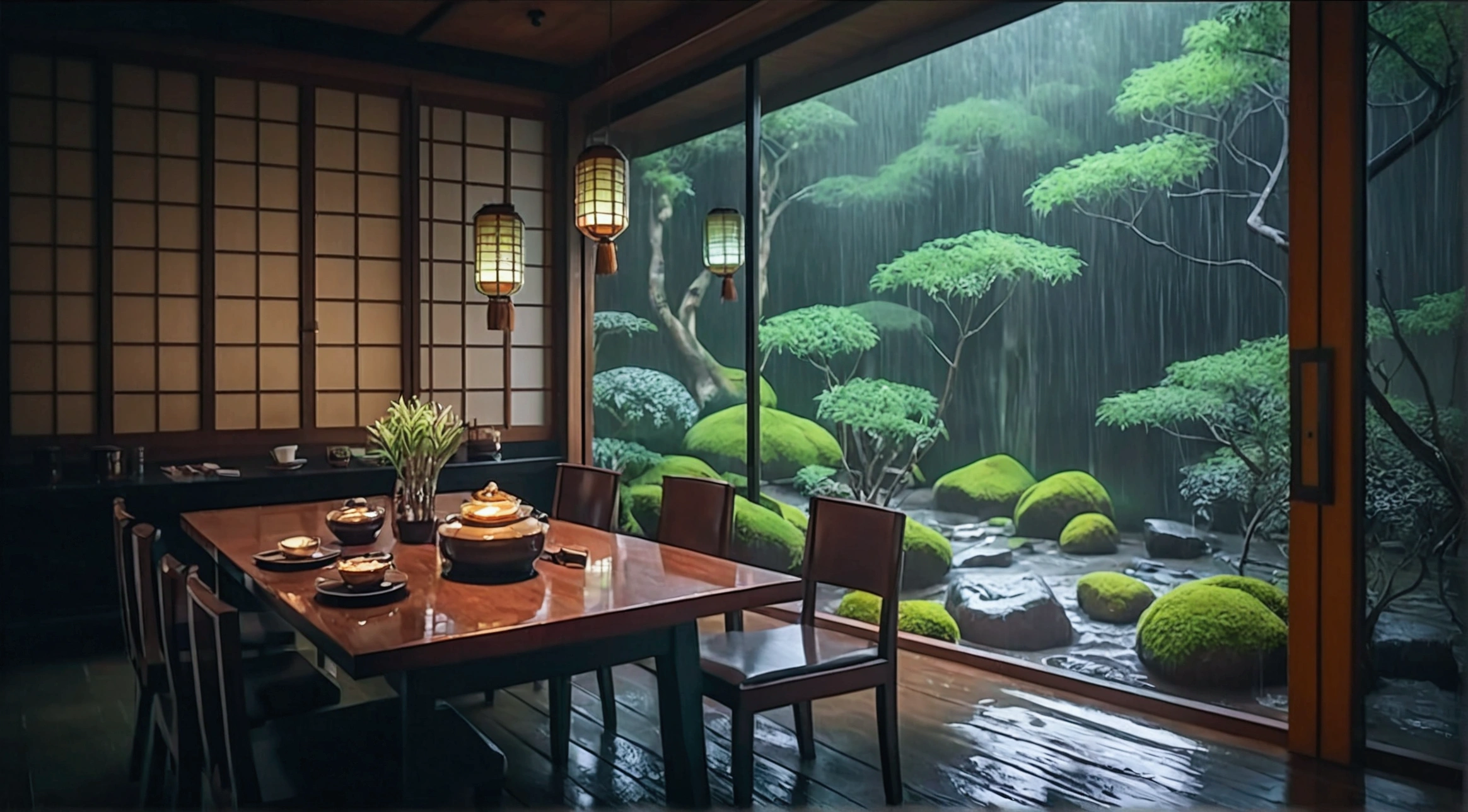a wooden table sitting in front of a window, inspired by Itō Jakuchū, trending on cg society, under rain, gorgeous 4 k, stream flowing through the house, luxurious onsens