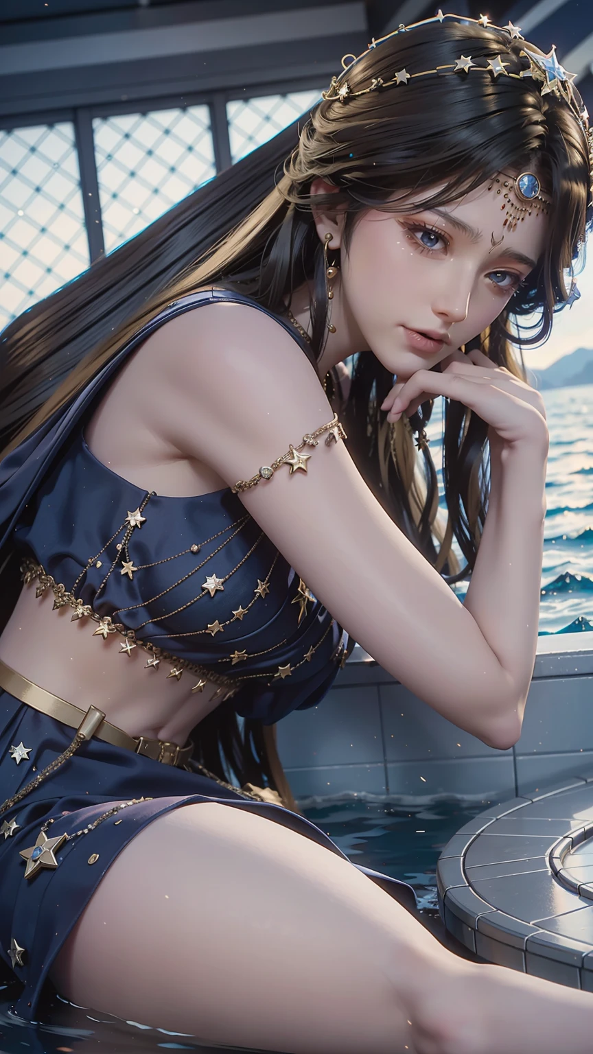一个穿着连衣裙的女孩躺在Starry Sky下的床上，Exquisite smile，Beautiful and delicate eyes，Beautiful and delicate lips，Extremely detailed face and eyes，Long eyelashes，Full body，Flowing hair，belly button，best quality，excellent work，Super，(Reality:1.4)，RAW photos，(Beautiful face:1.2)，(Lying on the water:1.5)，1 girl，(absurd)，(8k)， (4K)，Octane Rendering，Starry Sky，((Full body view))，barefoot，Cross-legged