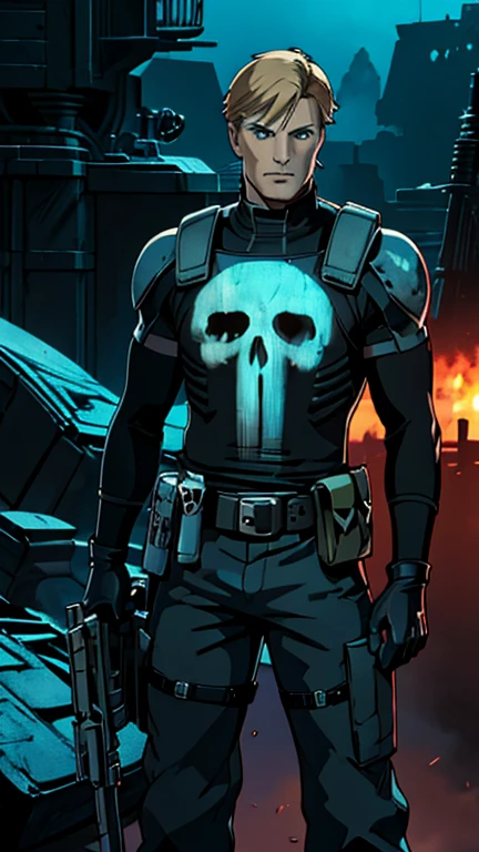 (Dolph Lungren), (extremely detailed CG unit 8k wallpaper),(master part), (best quality), (ultra detali), (best illustration),(skull, top with skull print, gloves, top, belt, pants, thigh holster, pouch), cowboy shot, (Sharp eyeliner, ombre, detailed eyes:1),  dark city background ,break , (ghibli style), upper body