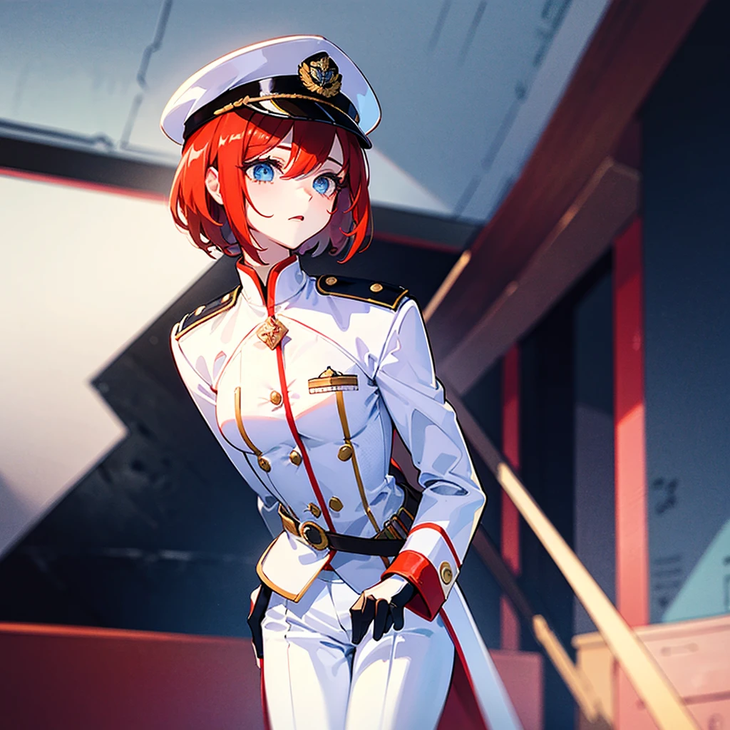 （（（​masterpiece）））、（（（Top image quality）））、（（（top-quality）））、（Illustration of one woman）、30-years old、（Viceroy）、（（Red-haired shorthair））、（Thin hair hanging down both sides of the face）、Blue eyes、（（Tall））、（（Muscle Woman、stocky build、muscular legs、broad shoulders、solid chest））、（（Military uniformilitary Cap））、（（Military coat））、（white  clothes）、（White pants）、（White cap）、trench coat、（（Inside the spaceship））