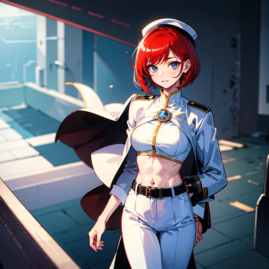 (((masterpiece)))、(((Top image quality)))、(((top-quality)))、(Illustration of one woman)、30-years old、(Viceroy)、((Red-haired shorthair))、(Thin hair hanging down both sides of the face)、Blue eyes、((Tall))、((Muscle Woman、stocky build、muscular legs、broad shoulders、solid chest))、((Military uniformilitary Cap))、((Military coat))、(white clothes)、(White pants)、(White cap)、trench coat、((Inside the spaceship))