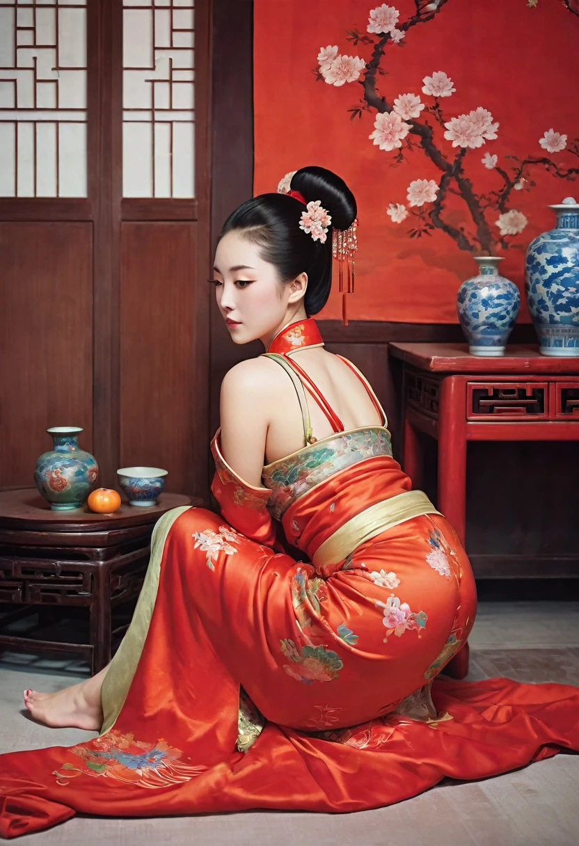 A side view of a Chinese empress, relaxing with her large buttocks sticking out and her legs stretched out. An angle of her buttocks from below. The background is a room in a Chinese palace during the Qing dynasty. She is sleeping in red Hanfu with only her large buttocks sticking out. She is either wearing underwear or not, and her protruding buttocks are floating up.　　　　　　　　　　　　　　　　　　　　　　　　　　　　　　 Her hair is decorated with a large, flashy flower.　 The back of the hair is tied up and up.　Erotic Woman