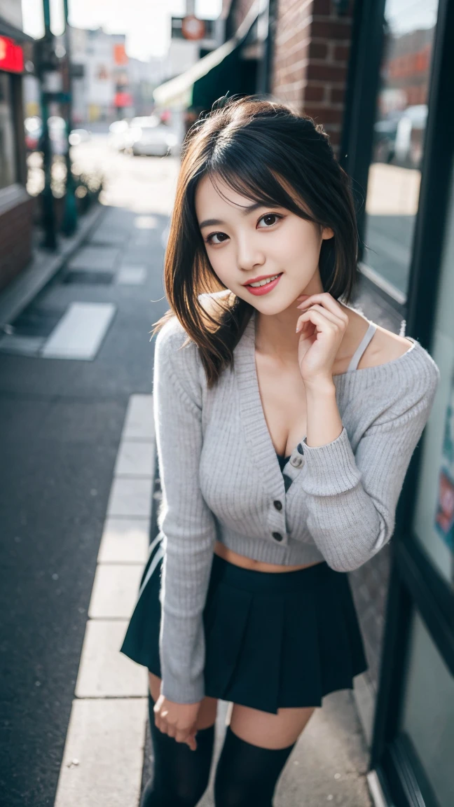 (Skin blemishes:1.2), (Skin dents), Bear, 1Escapel, Age 25, (((Escape))), Lonely, practical, Highest quality, reality, proficient, 8k, High resolution, Lonely, Highly detailed face, (Professional Lighting，Bokeh），（Particles of light，Lens flare，Glowing particles：0.6），（Dynamic pose：1.2），Soft lighting，View from above，Stylish atmosphere，Japan，street，（（Daytime)), empty, ((Looking at the audience:1)), (Looking into the camera), nice, stand up, Maintain natural facial proportions, Shave your shoulders, whole body love, (Mid-chest), (length, Delicate hair), Brown Hair, Flutter, Open your lips, lipstick, 迷人的smile, smile, Open your mouth, teeth, (Blue-gray tight sweater), (white）（Business Mini Skirt),Chest 32 inches,(魅力的なsmile:1), (Sexy pose)，(Standing pose) , eyelash, Birthmark, (Mole under the eye: 1),Well-proportioned legs, 薄くてwhiteい，Lotus feet，white and tender，No shoes，Delicate and beautiful feet，Focus on the chest，Full body image