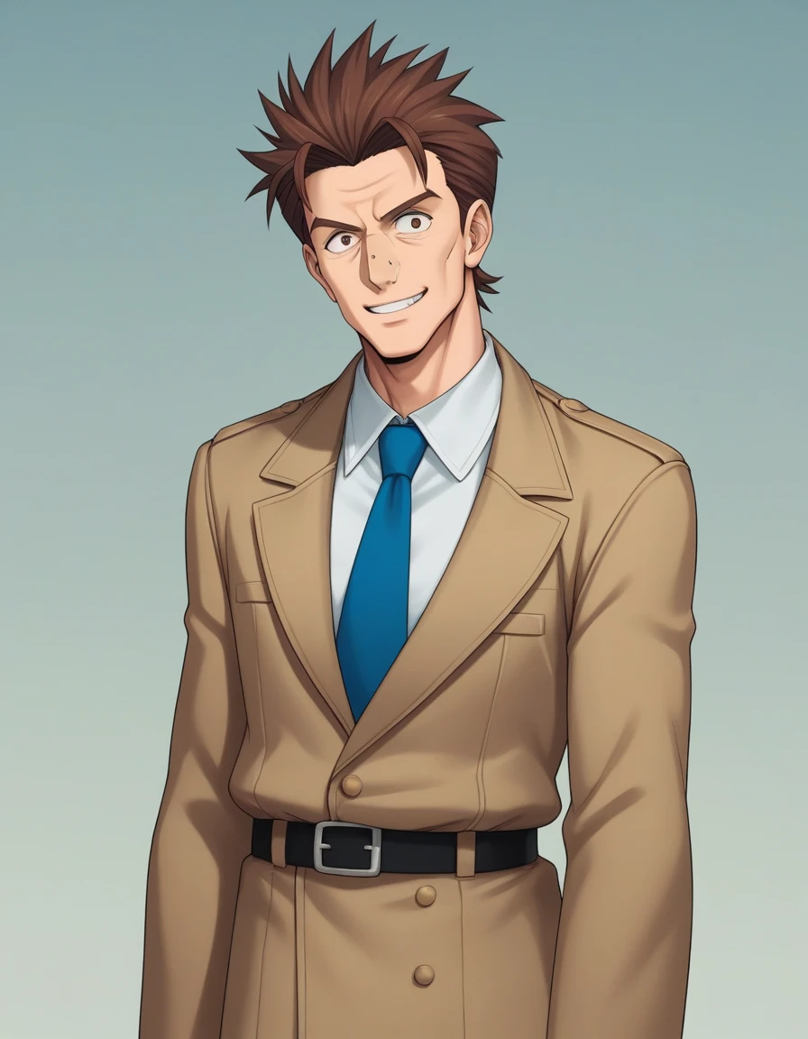 1man, veteran mature detective, muscular, boned nose, wavy slicked back spiked hair, yellow_brown hair, BREAK shihaku, brown eyes, dandy, virile, stubble, square shaped, large eyes, ugly, rough skin, facial wrinkles, ideal ratio body proportions, ordinaly, cute uncle, beautiful detailed eyes, broad waist, 40yo dude, BREAK solo, upperlegs, white collared shirt, blue necktie, trench coat, dark worn-out suit, cute smile, standing, BREAK dandy posing, in eroge style, 2000s, cinematic art, masterpiece, best quality, BREAK score_9, score_8_up, score_7_up, source_anime, score_6_up, score_5_up, score_4_up