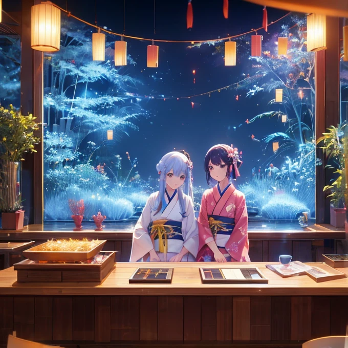 Tanabata in the night sky　Girls and men in Chinese style kimonos（lover）　Bamboo forest and paper strips　Have shaved ice　restaurant　Multiple display monitors in the background（anime　）　Aquarium（Goldfish）