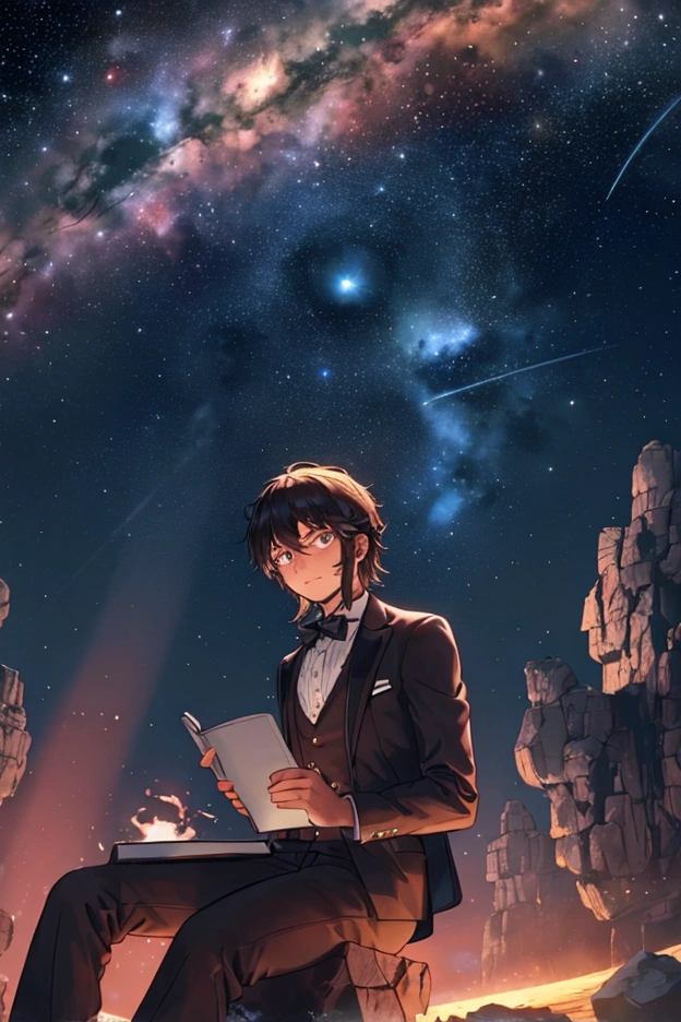 Draw a young programmer, sitting on a research platform floating in the middle of an asteroid belt. He is studying with a notebook, surrounded by several asteroids glowing with fiery auras. Dramatic lighting from distant stars and planets illuminates the scene, casting deep shadows on the suit. The young man looks confident and determined, looking at the vast and mysterious universe with wonder and respect,facial hair, cowboy shot,