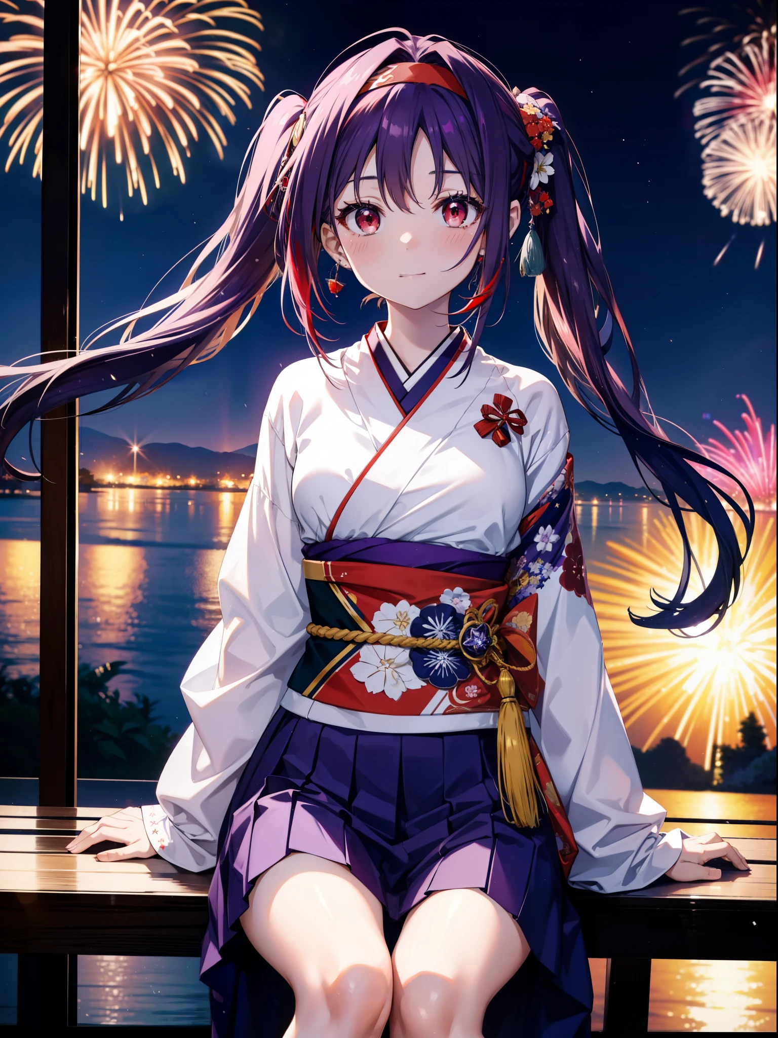 yuukikonno, Yuuki Konno, hair band, Long Hair, Pointed Ears, Purple Hair, Ahoge,(Red eyes:1.5), (Small breasts:1.2),low twin tail,smile,blush,Open your mouth,Purple Kimono,Purple long skirt,Fireworks in the night sky,Fireworks,The place is a fireworks display,Time is night,sunny day,Sitting on a bench,Wind Chimes,whole bodyがイラストに入るよう,
break looking at viewer, , whole body, (Cowboy Shot:1. 5)
break indoors, Veranda,Japanese garden,
break (masterpiece:1.2), Highest quality, High resolution, unity 8k wallpaper, (figure:0.8), (Beautiful attention to detail:1.6), Highly detailed face, Perfect lighting, Highly detailed CG, (Perfect hands, Perfect Anatomy),
