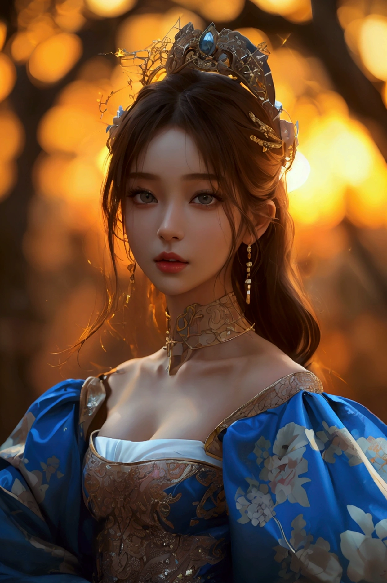 best quality, Masterpiece, Ultra high resolution, (realism: 1.4), original photo, 1 girl, movie light, at sunset, in the dark, deep shadow, Create high resolution photos, A beautiful young woman wears a sexy Korean princess costume., The see-through fabric is so thin that the wearer'Cracks and skin can be seen.., She spread her legs slightly wide to show off her legs.., She has a slim, beautiful, and delicate face.., sharp eyes, long hair, responsive face, high nose, and thin lips, Her breasts are 32 inches long with pink nipples.., Her waist is 24 inches.., Her hips are 33 inches.., Her skin was white and radiant.., She has light brown hair.., And her figure was slim and slightly muscular..
