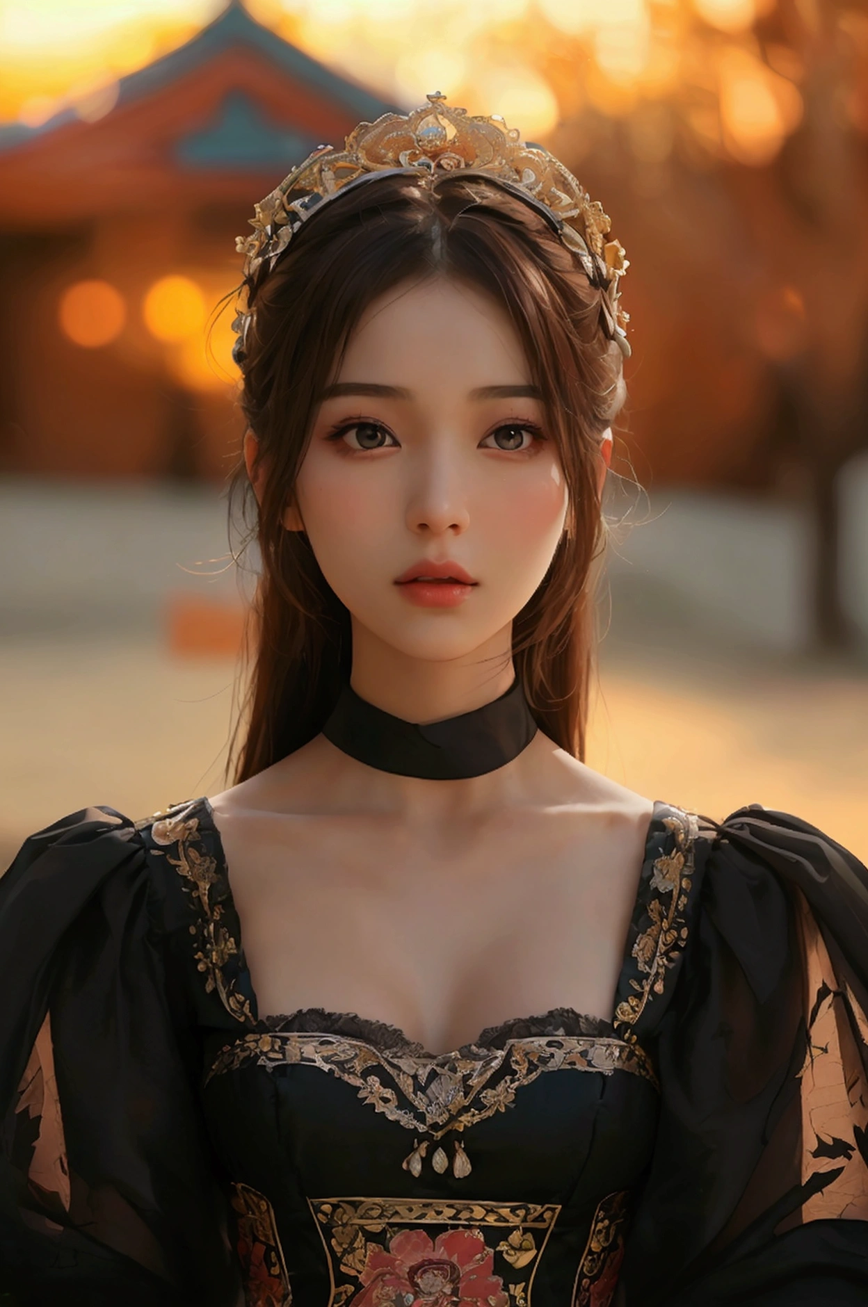 best quality, Masterpiece, Ultra high resolution, (realism: 1.4), original photo, 1 girl, movie light, at sunset, in the dark, deep shadow, Create high resolution photos, A beautiful young woman wears a sexy Korean princess costume., The see-through fabric is so thin that the wearer'Cracks and skin can be seen.., She spread her legs slightly wide to show off her legs.., She has a slim, beautiful, and delicate face.., sharp eyes, long hair, responsive face, high nose, and thin lips, Her breasts are 32 inches long with pink nipples.., Her waist is 24 inches.., Her hips are 33 inches.., Her skin was white and radiant.., She has light brown hair.., And her figure was slim and slightly muscular..