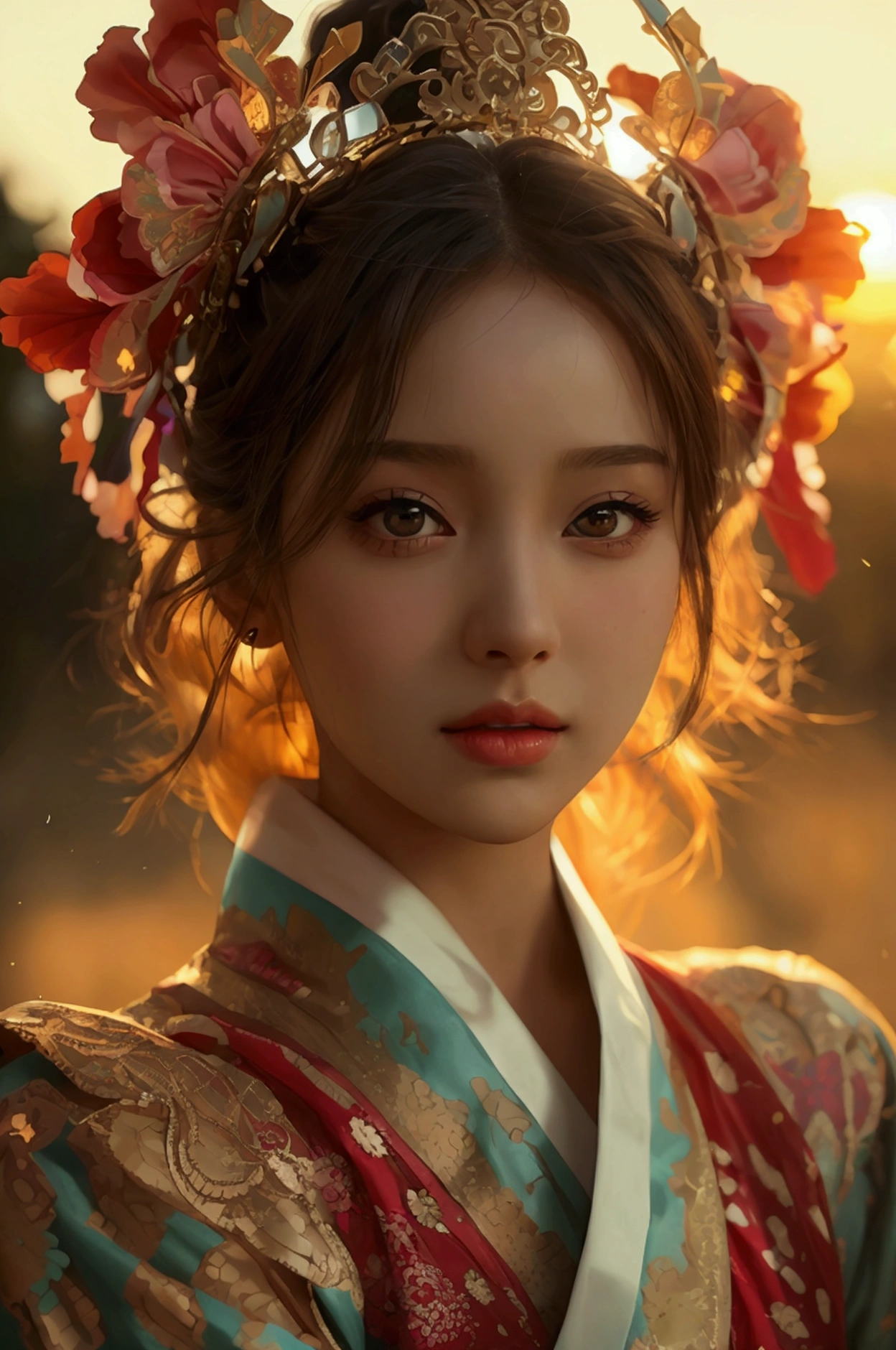 best quality, Masterpiece, Ultra high resolution, (realism: 1.4), original photo, 1 girl, movie light, at sunset, in the dark, deep shadow, Create high resolution photos, A beautiful young woman wears a sexy Korean princess costume., The see-through fabric is so thin that the wearer'Cracks and skin can be seen.., She spread her legs slightly wide to show off her legs.., She has a slim, beautiful, and delicate face.., sharp eyes, long hair, responsive face, high nose, and thin lips, Her breasts are 32 inches long with pink nipples.., Her waist is 24 inches.., Her hips are 33 inches.., Her skin was white and radiant.., She has light brown hair.., And her figure was slim and slightly muscular..