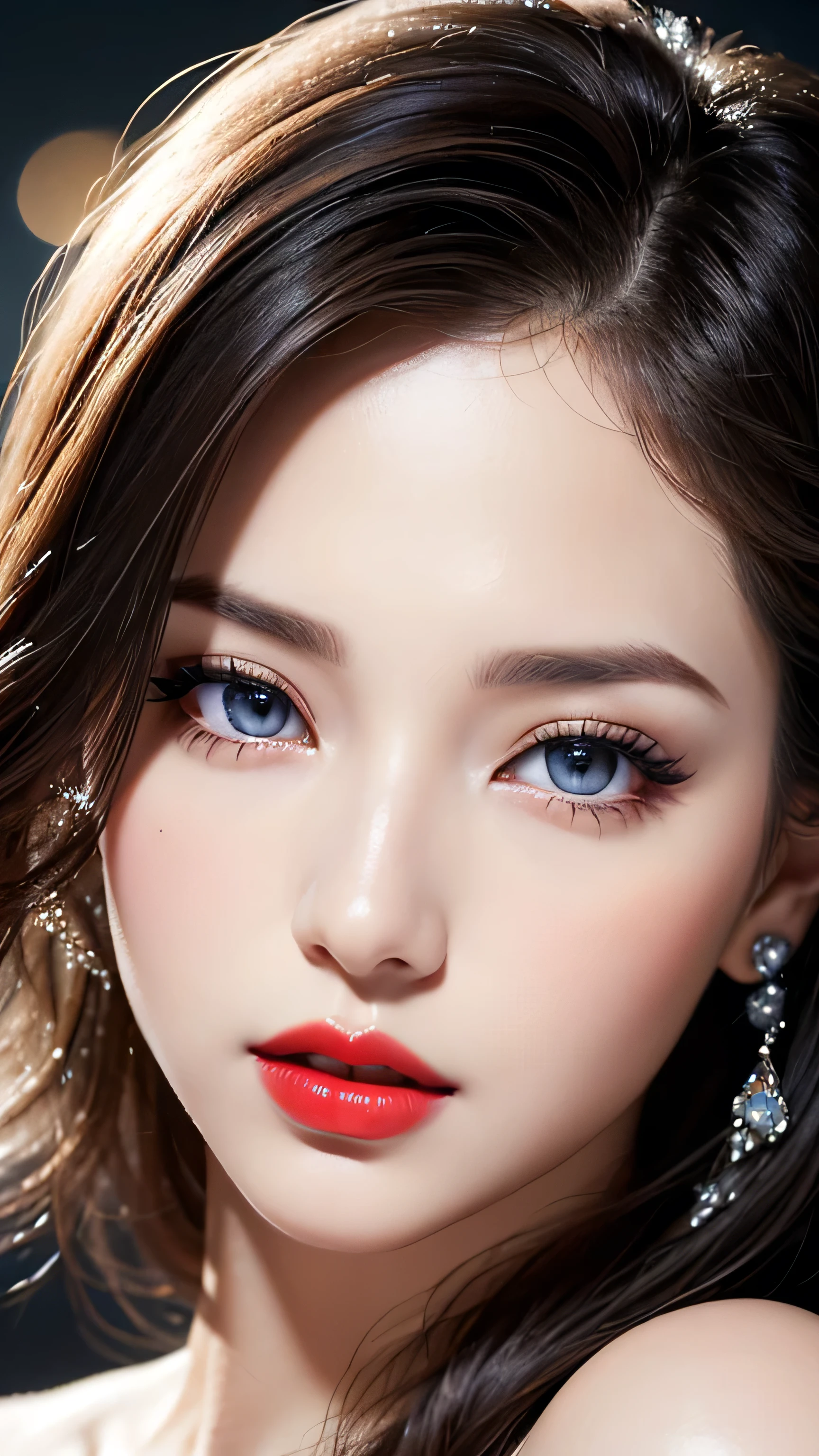 night bokeh effect background, Perfect Eyes, Great face, Beautiful appearance, ((Red lips, Bright Eyes, Curve Heir 1.5)), ((Beautiful detailed body)), Amazing gorgeous, amazing beautiful face, Pretty face, Bright Eyes, Updo Elegant Hair, Blurred gray tone background, super concentrated, Illuminate, Facial details, 8k resolution, I drew, Dry brush, Brush strokes,