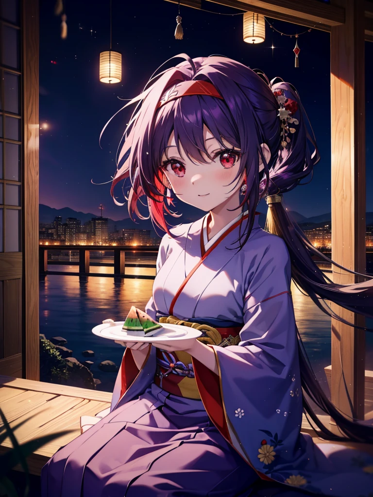 yuukikonno, Yuuki Konno, hair band, Long Hair, Pointed Ears, Purple Hair, Ahoge,(Red eyes:1.5), (Small breasts:1.2),low twin tail,smile,blush,Open your mouth,Purple Kimono,Purple long skirt,Fireworks in the night sky,Fireworks,The place is a fireworks display,Time is night,sunny day,Sitting on a bench,A triangular piece of red watermelon is placed on a plate on a bench.,Wind Chimes,whole bodyがイラストに入るよう,
break looking at viewer, , whole body, (Cowboy Shot:1. 5)
break indoors, Veranda,Japanese garden,
break (masterpiece:1.2), Highest quality, High resolution, unity 8k wallpaper, (figure:0.8), (Beautiful attention to detail:1.6), Highly detailed face, Perfect lighting, Highly detailed CG, (Perfect hands, Perfect Anatomy),